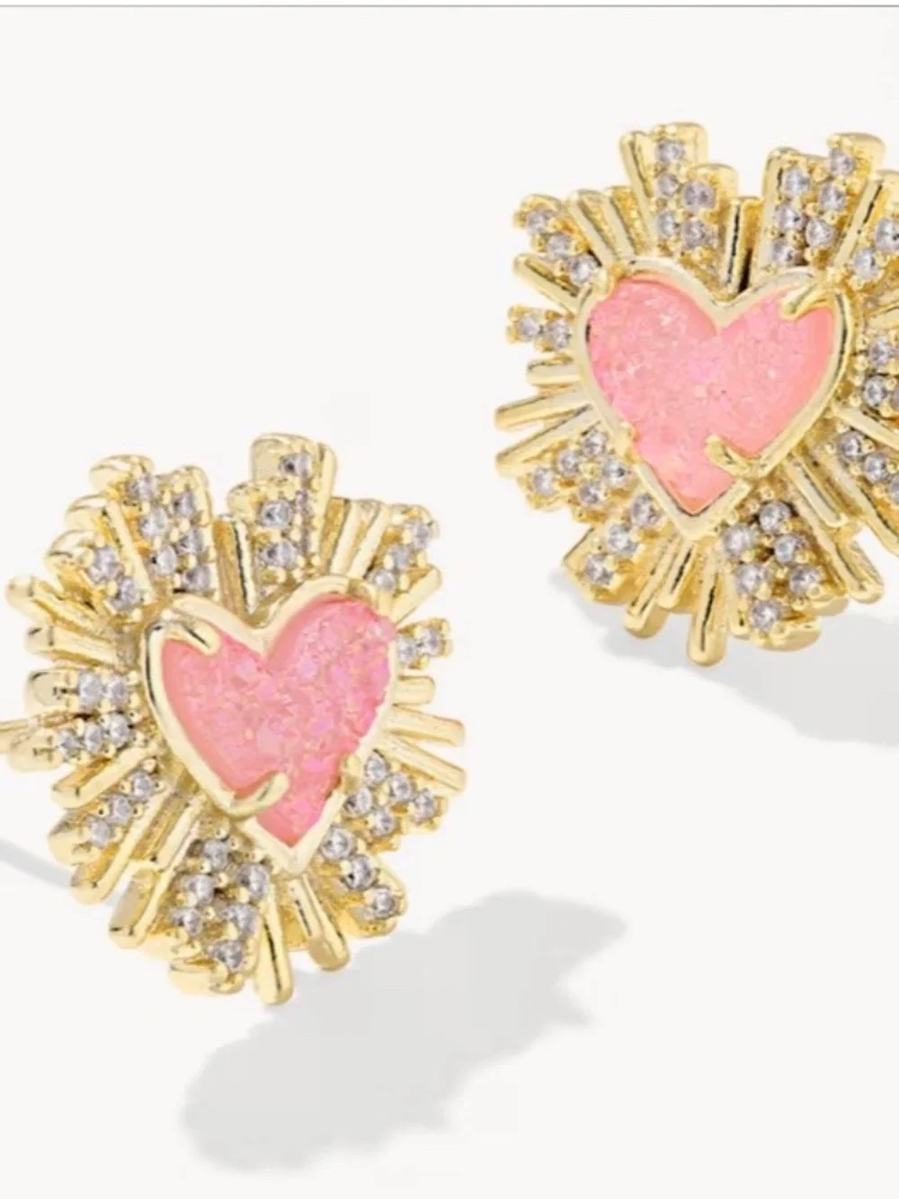 Dolly Parton x Kendra Scott Ari Heart Gold Stud Earrings in Light Pink Drusy